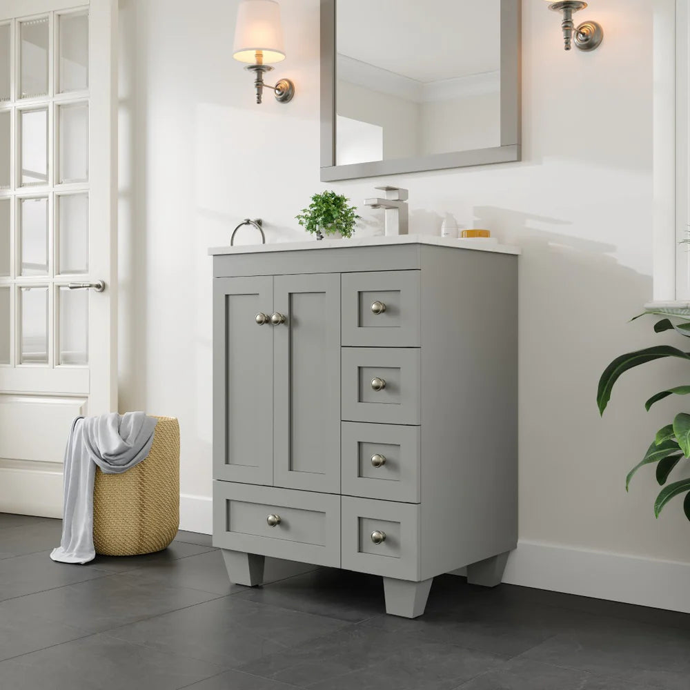 Close-up lifestyle image of gray Eviva Acclaim 24" single sink vanity in a bathroom setting