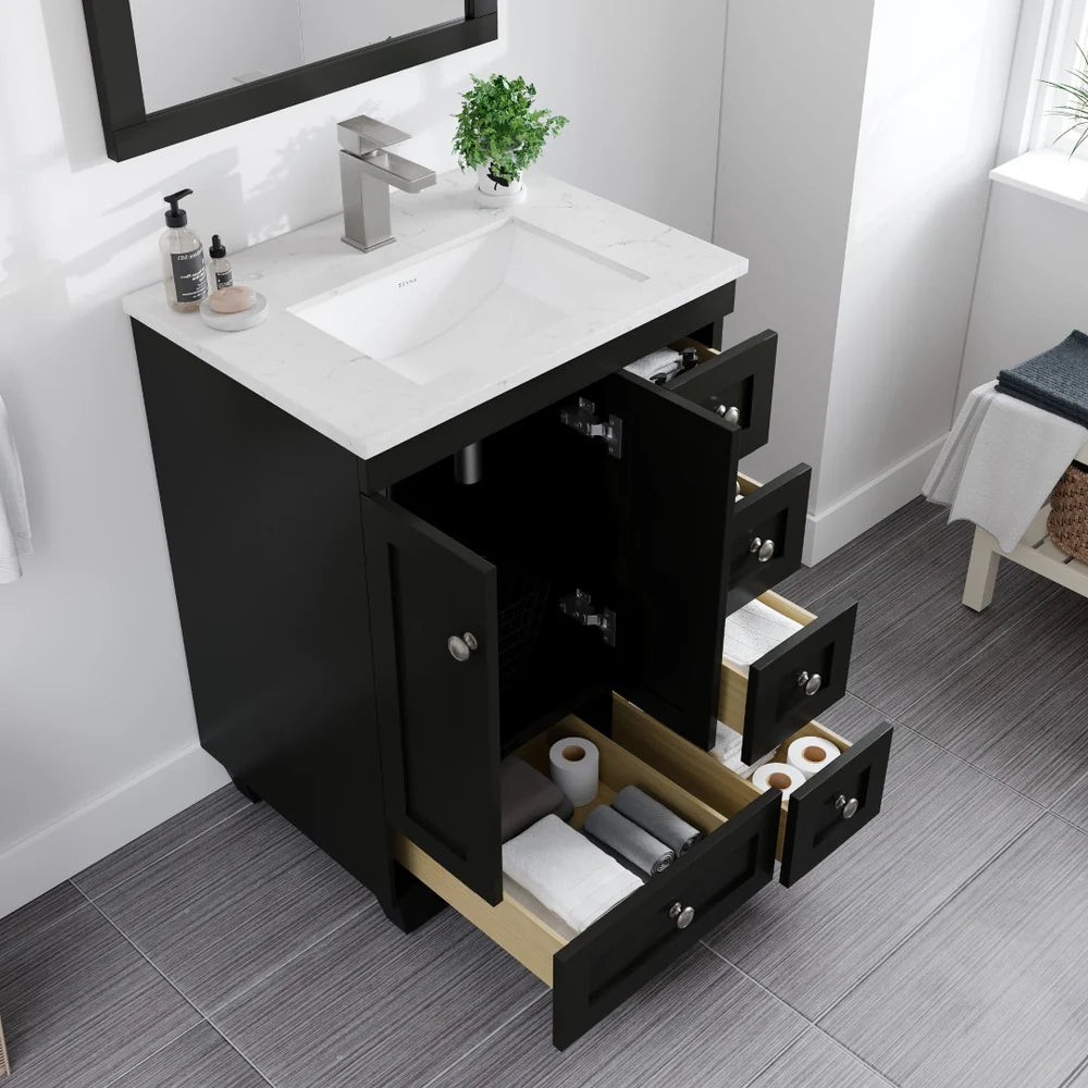Image of Eviva Acclaim single sink bathroom vanity in Espresso showing storage capacity