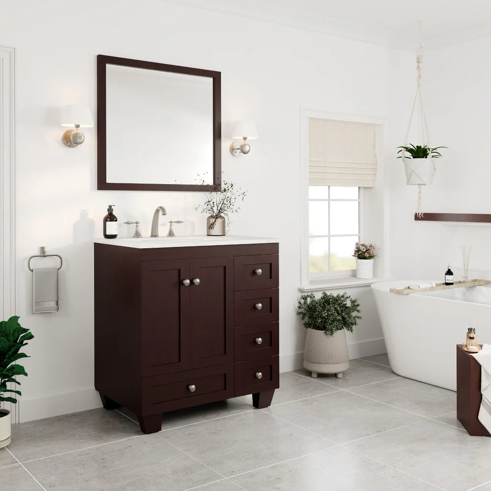 Lifestyle image of a Teak Eviva Acclaim single sink bathroom vanity with Carrara Quartz top in a bathroom setting