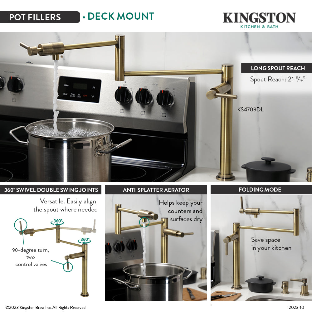 Kingston Brass KS4703DL Concord Deck Mount Pot Filler Faucet, Antique Brass with 21 ½" spout reach.