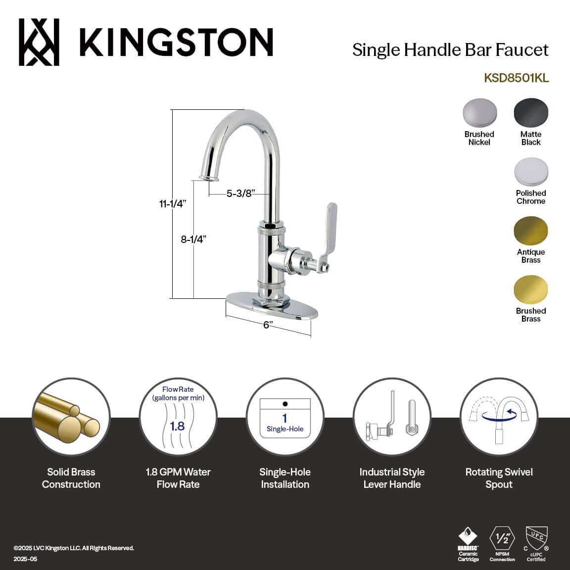Kingston Brass KSD8503KL Whitaker Single-Handle Bar Faucet, Antique Brass with modern design and high spout for kitchen tasks.