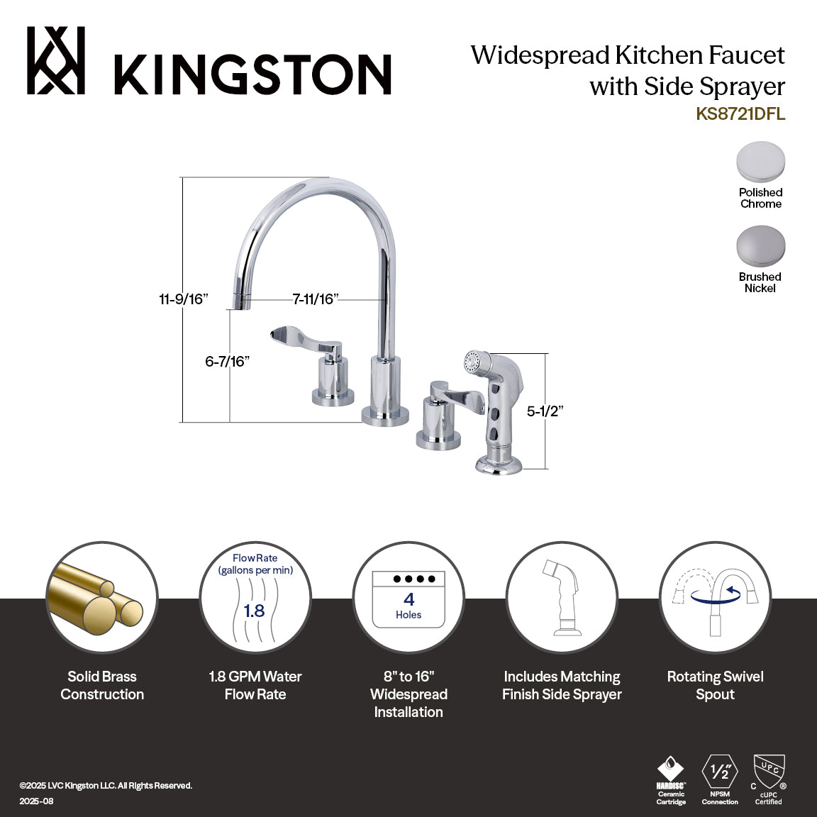 Kingston Brass KS8728DFL Double-Handle Widespread Kitchen Faucet with Plastic Sprayer, Brushed Nickel