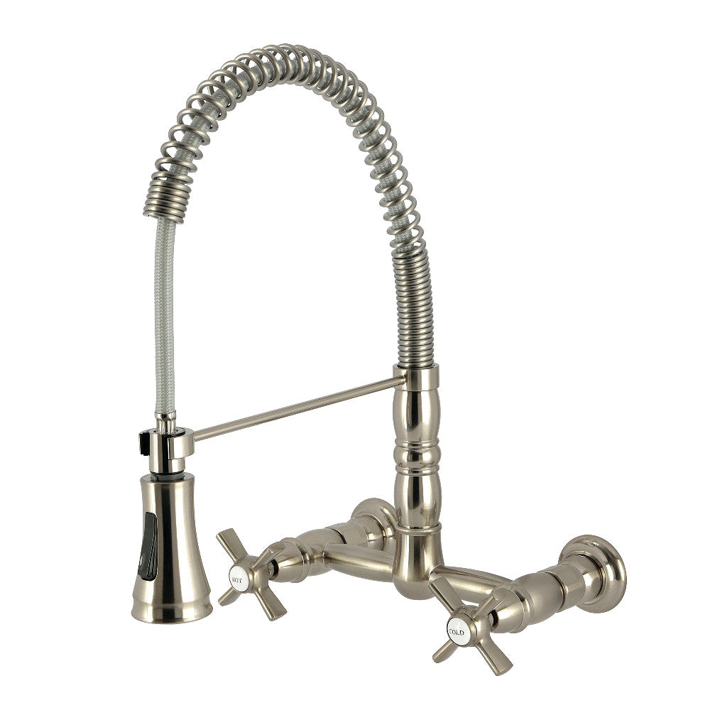 Kingston Brass GS1243ZX Millennium Double-Handle Wall-Mount Pre-Rinse Bridge Kitchen Faucet, Antique Brass with brushed nickel finish.