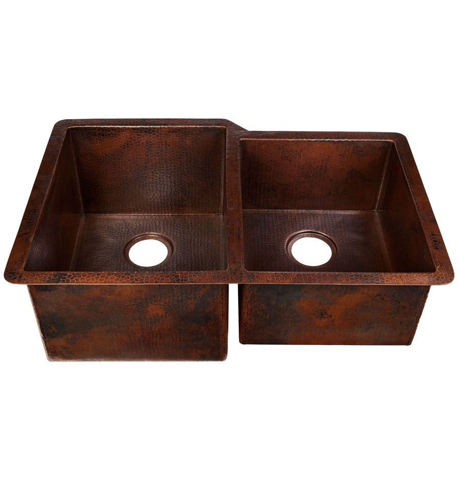 Thompson Hidalgo 31" Hammered Aged Copper 60/40 Double Bowl Kitchen Sink - KDU-6040BC