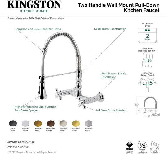 KINGSTON Brass Gourmetier Heritage Two-Handle Wall-Mount Pull-Down Sprayer Kitchen Faucet - Brushed Brass