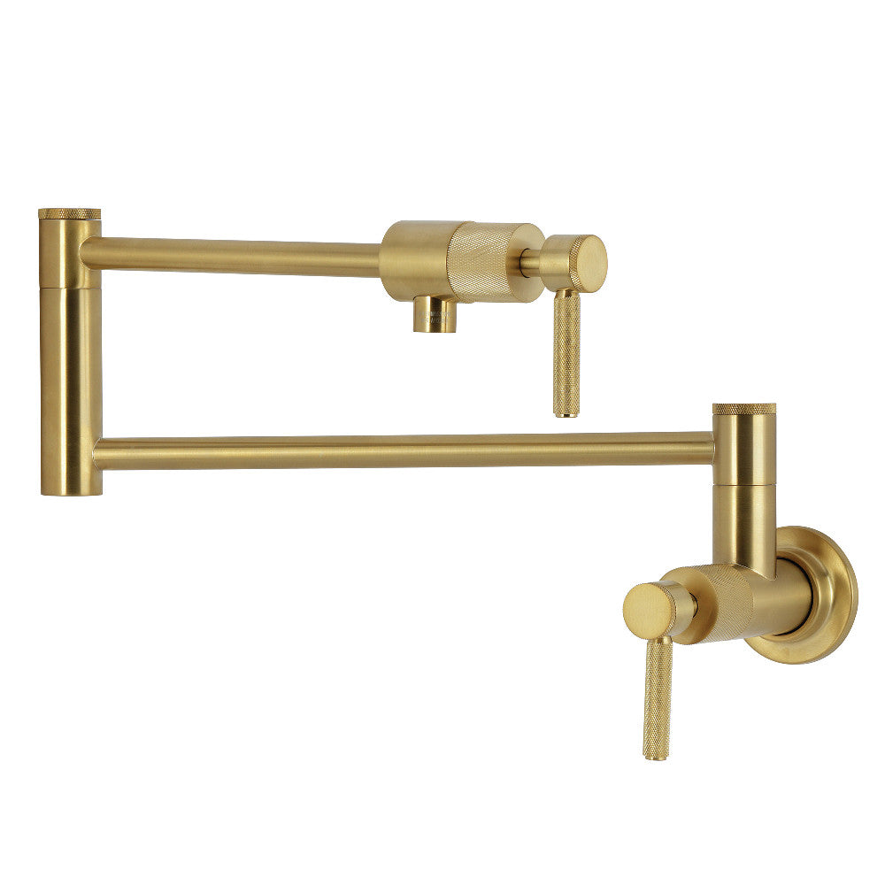Kingston Brass KS4103KNL Convergent Wall Mount Pot Filler Faucet with Knurled Handle, Antique Brass image showcasing the stylish and functional design.