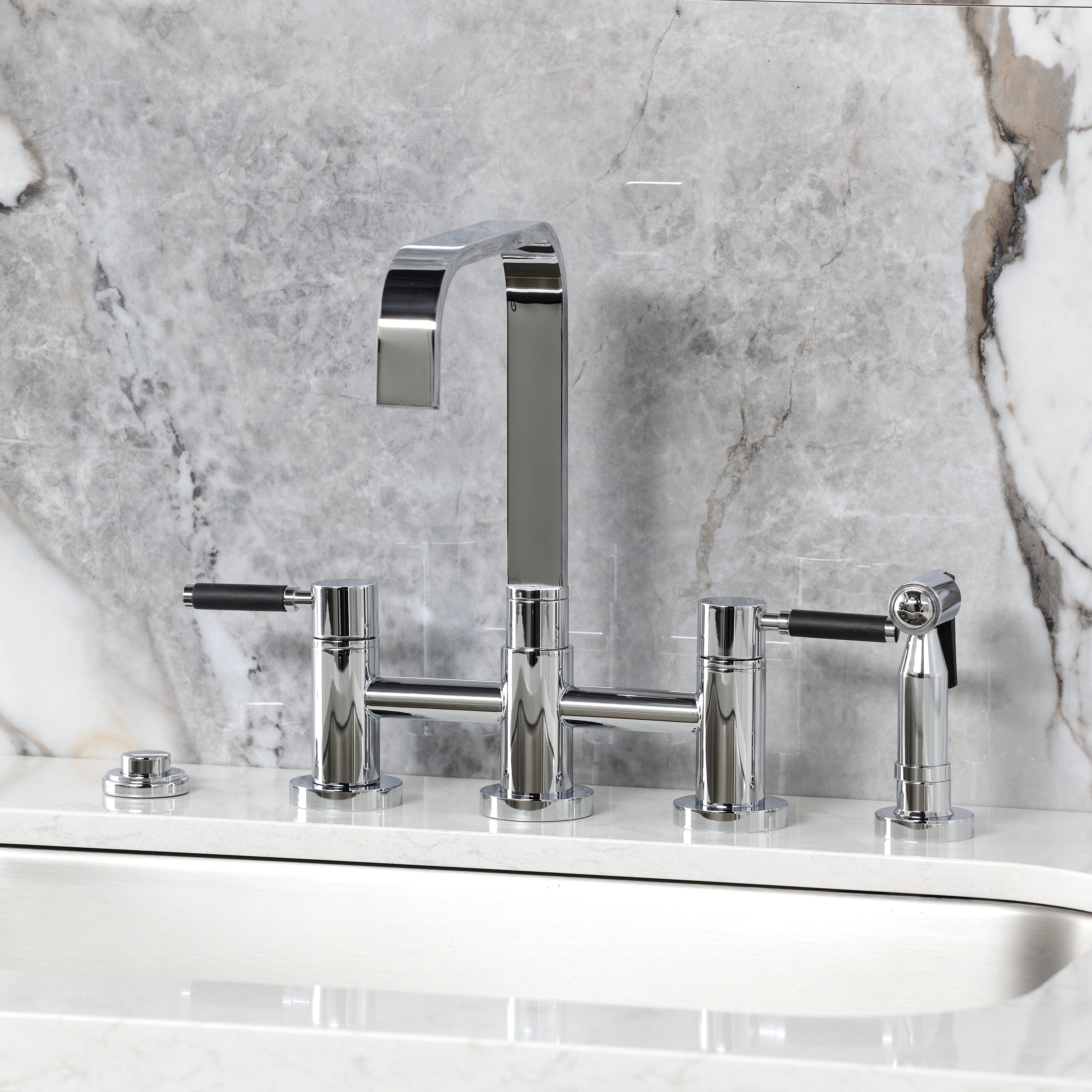 Kingston KS8257DKLBS Kaiser Bridge Kitchen Faucet with Brass Sprayer, Brushed Brass in chrome finish