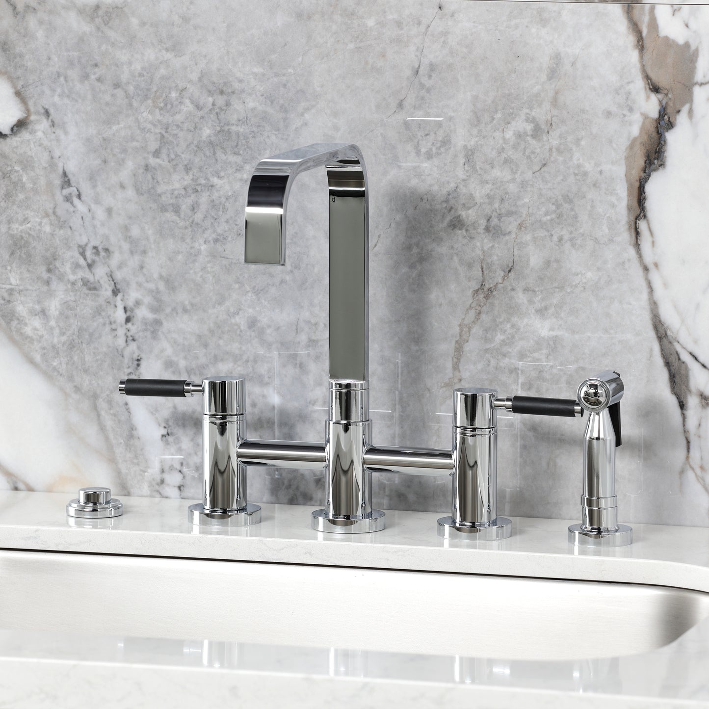 Kingston KS8257DKLBS Kaiser Bridge Kitchen Faucet with Brass Sprayer, Brushed Brass in chrome finish