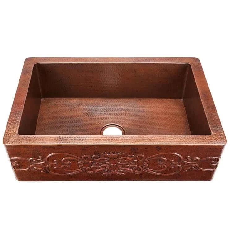 Thompson Kahlo 2KS-AD-5 aged copper farmhouse sink with hand-hammered scrollwork apron