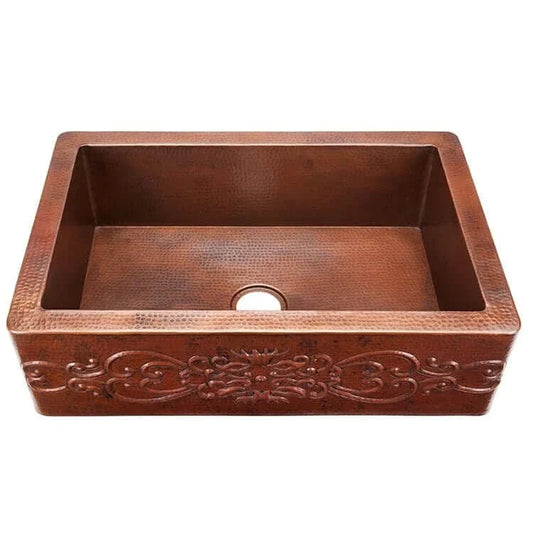 Thompson Kahlo 2KS-AD-5 aged copper farmhouse sink with hand-hammered scrollwork apron