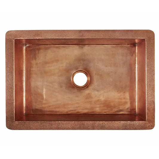 Thompson Kahlo 33" Handcrafted Copper Farmhouse Kitchen Sink - 2KS-RG in rose gold with wheat hammered texture top view.