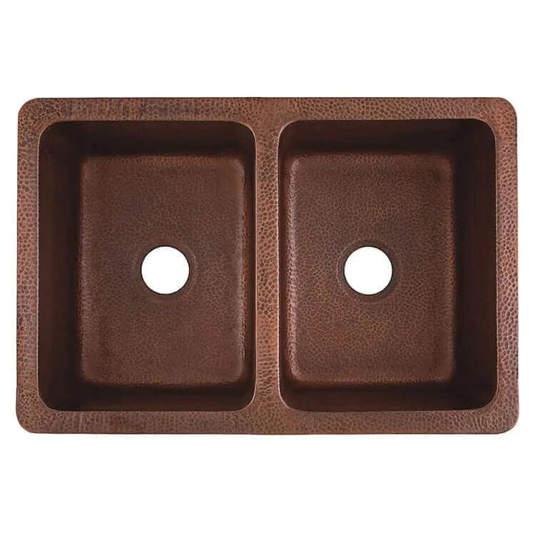 Thompson Quiroga 33" Antique Copper Farmhouse Sink - KDA-3322AH featuring a hand hammered double bowl design.