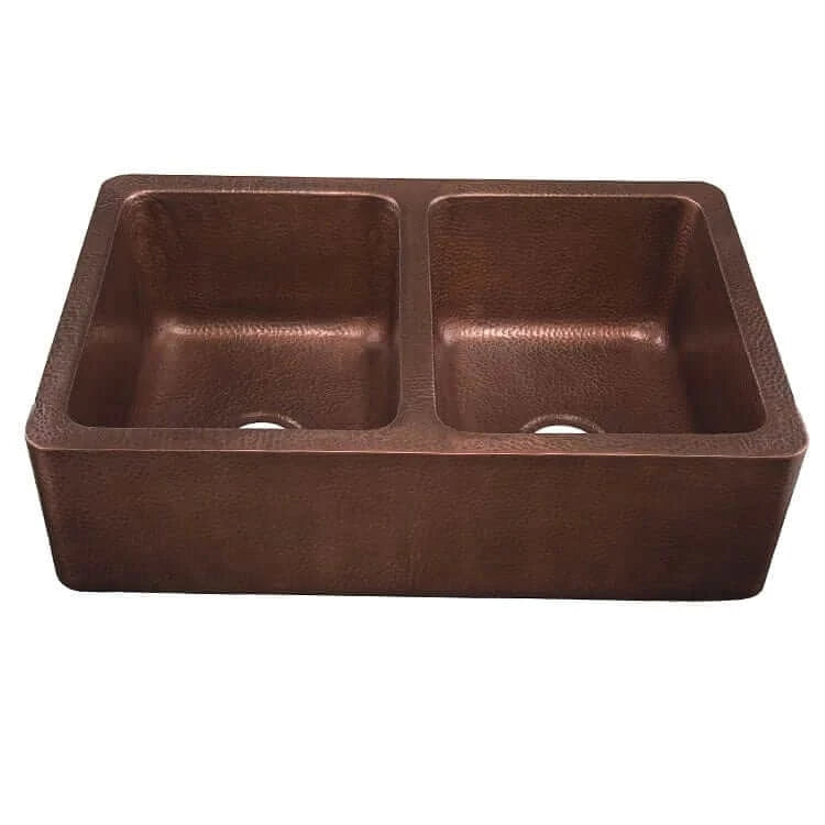 Thompson Quiroga 33" Antique Copper Farmhouse Sink - KDA-3322AH view showing double bowl and farmhouse apron-front design.