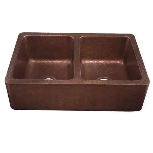 Thompson Quiroga 33" Antique Copper Farmhouse Sink - KDA-3322AH view showing double bowl and farmhouse apron-front design.