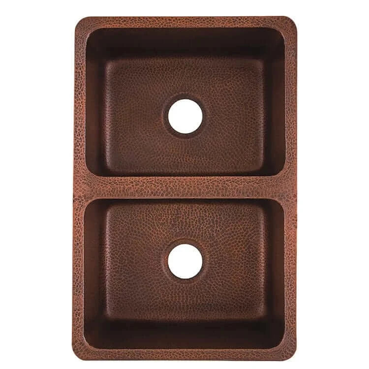Thompson Villa 30" Hammered Antique Copper Double Bowl Kitchen Sink - KDU-3120AH