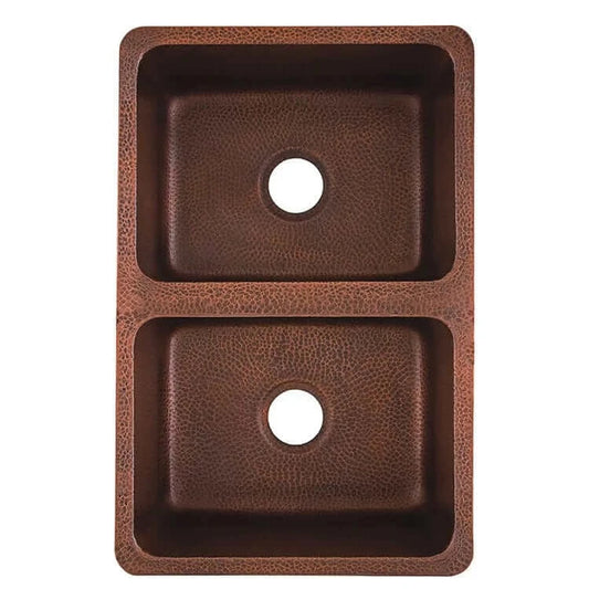 Thompson Villa 30" Hammered Antique Copper Double Bowl Kitchen Sink - KDU-3120AH