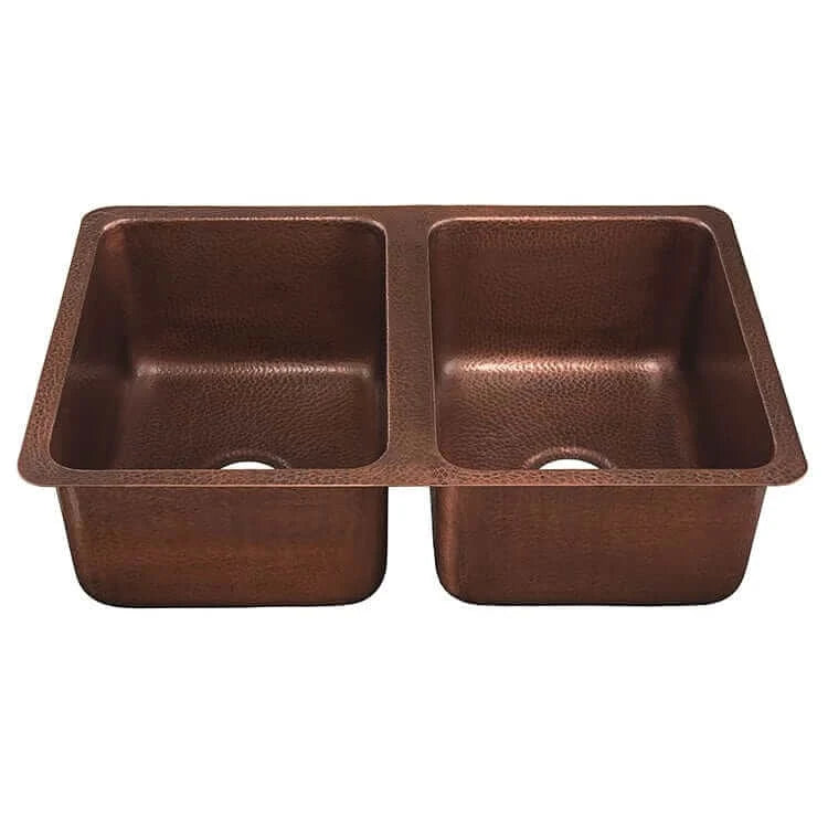 Thompson Villa 30" Hammered Antique Copper Double Bowl Kitchen Sink - KDU-3120AH with two basins