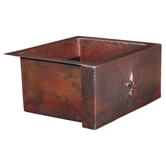 Thompson Kahlo 17" Fleur de Lys Hammered Copper Kitchen Sink - KPA-1715BC, handcrafted square basin design.