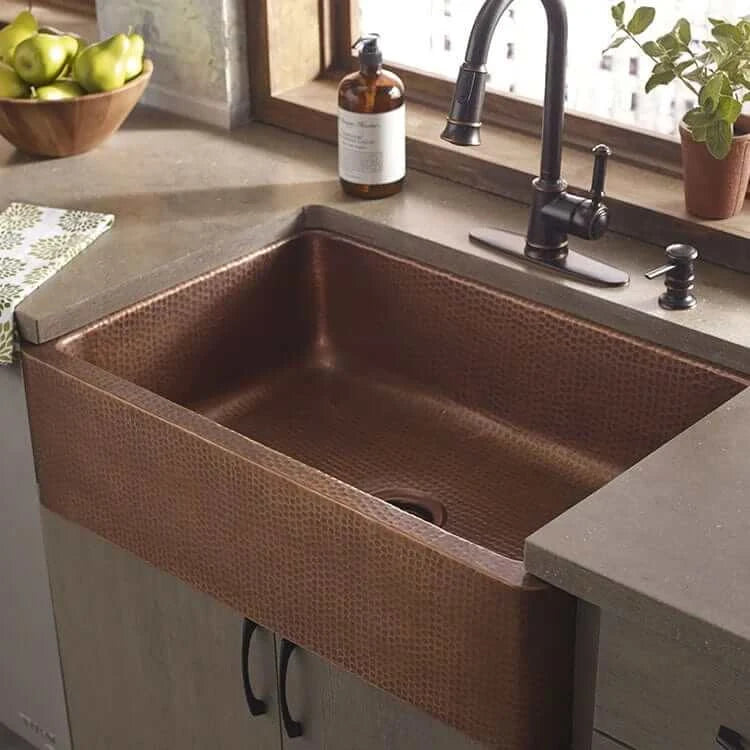 Thompson Quiroga 33" Antique Copper Farmhouse Sink - KSA-3322AH installed in modern kitchen.