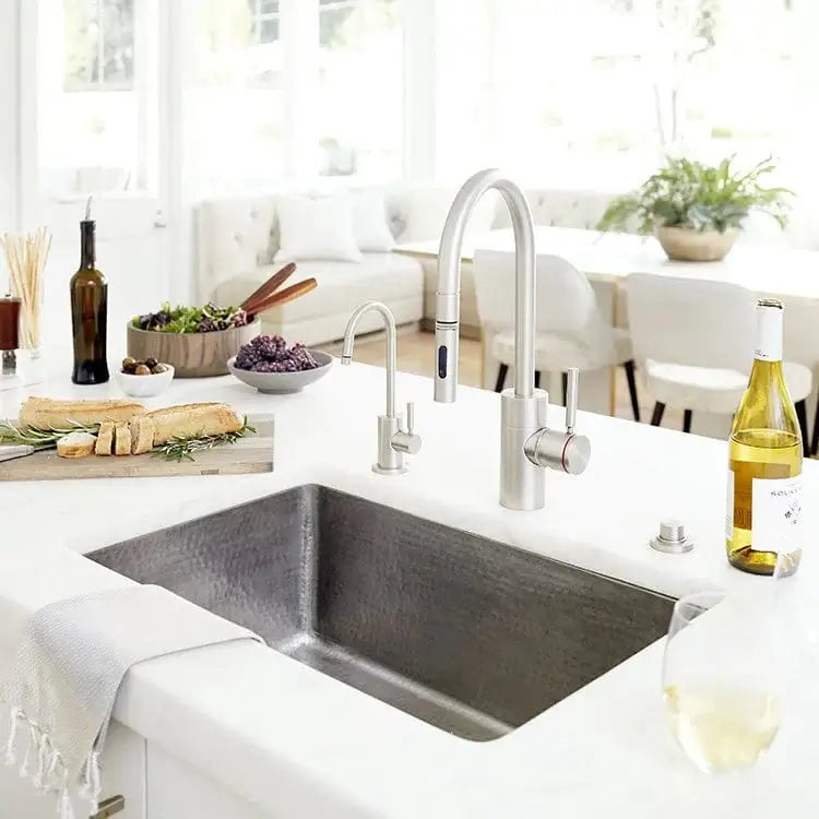 Thompson Villa 30" Hammered Stainless Steel Single Bowl Kitchen Sink - KSU-3020HSS in a modern kitchen setting.