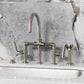 Kingston KS2333TKL Hallerbos Bridge Kitchen Faucet with Brass Sprayer, Antique Brass installed with a marble backdrop.
