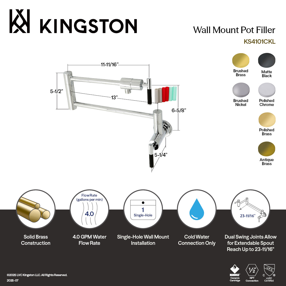 Kingston Brass KS4103CKL Kaiser Wall Mount Pot Filler Faucet, Antique Brass with ergonomic design and foldable swing arms.