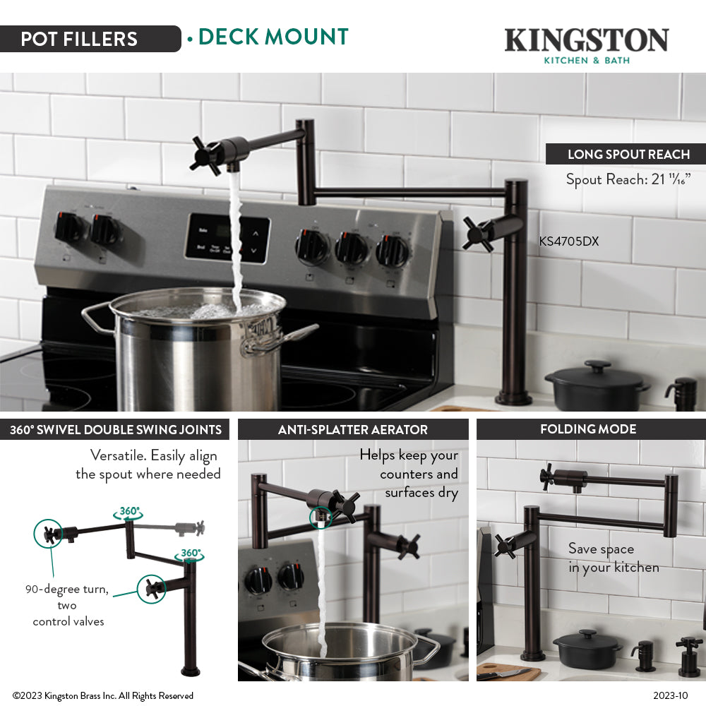 Kingston Brass KS4703DX Concord Deck Mount Pot Filler Faucet, Antique Brass featuring long spout reach and foldable swing arms.