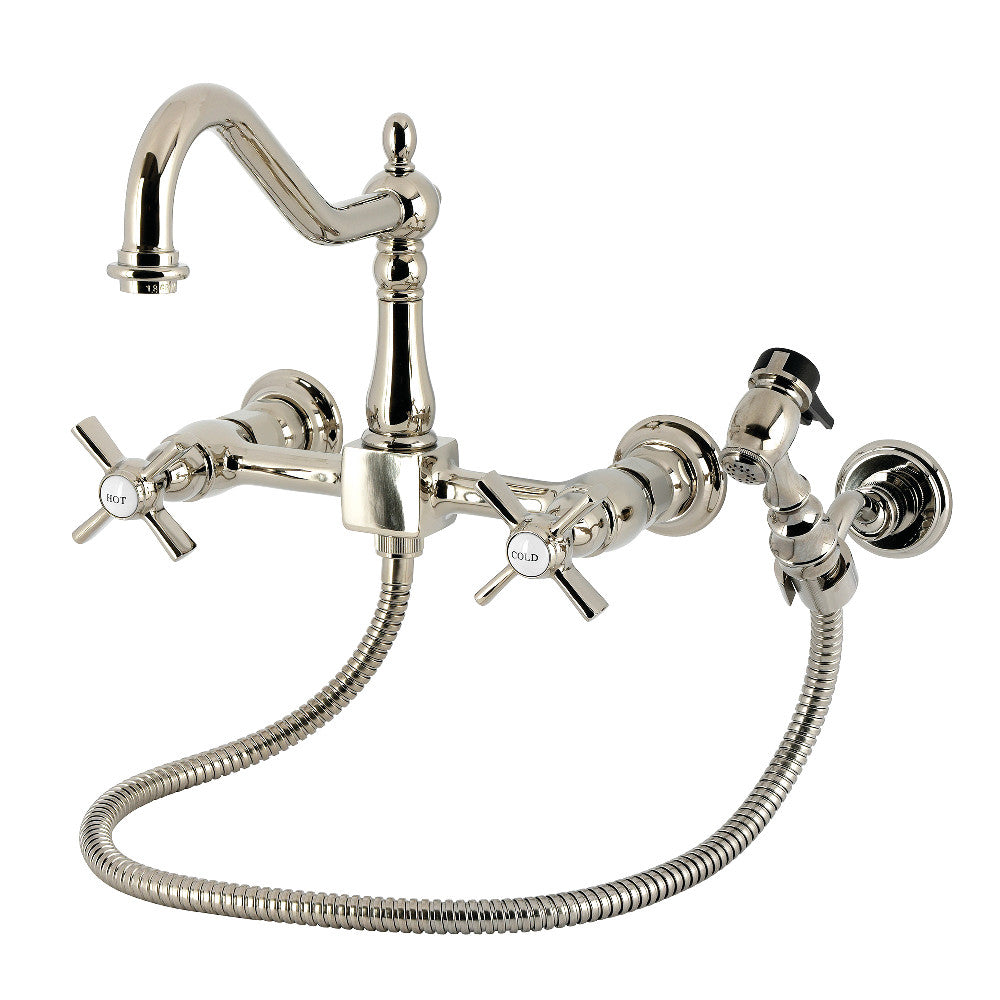 Kingston KS1243ZXBS Millennium Two-Handle Wall Mount Bridge Kitchen Faucet with Brass Sprayer, Antique Brass