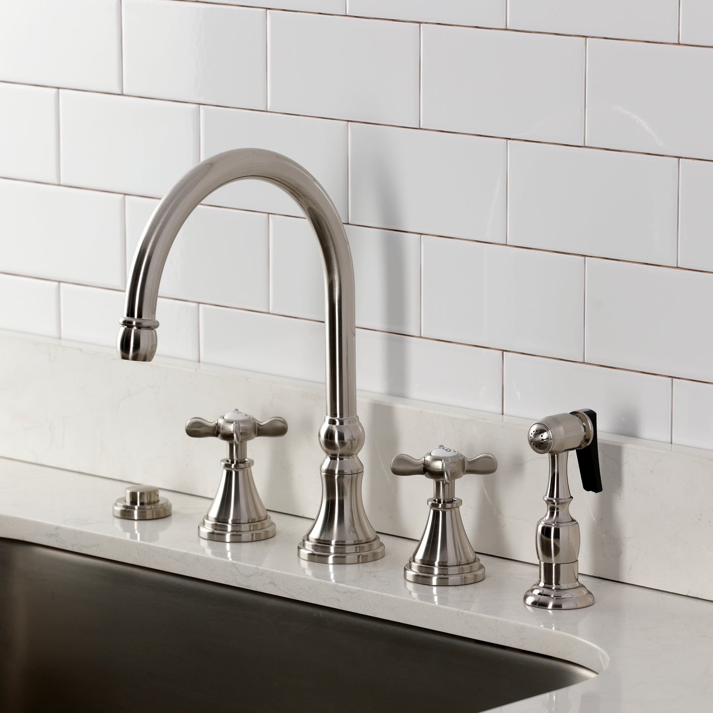 Kingston Brass KS2798BEXBS Essex Double-Handle Widespread Kitchen Faucet with Brass Sprayer, Brushed Nickel