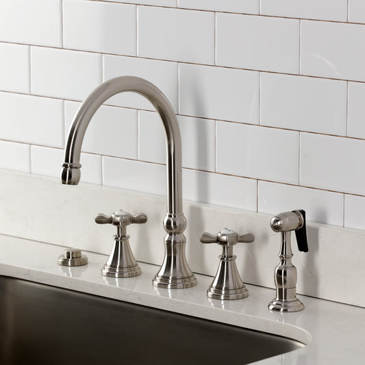 Kingston Brass KS2798BEXBS Essex Double-Handle Widespread Kitchen Faucet with Brass Sprayer, Brushed Nickel