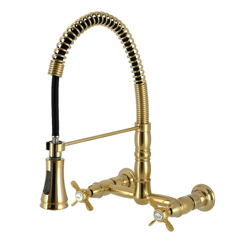 Kingston Brass GS1243BEX Essex Double-Handle Wall-Mount Pre-Rinse Bridge Kitchen Faucet, Antique Brass, brushed brass finish