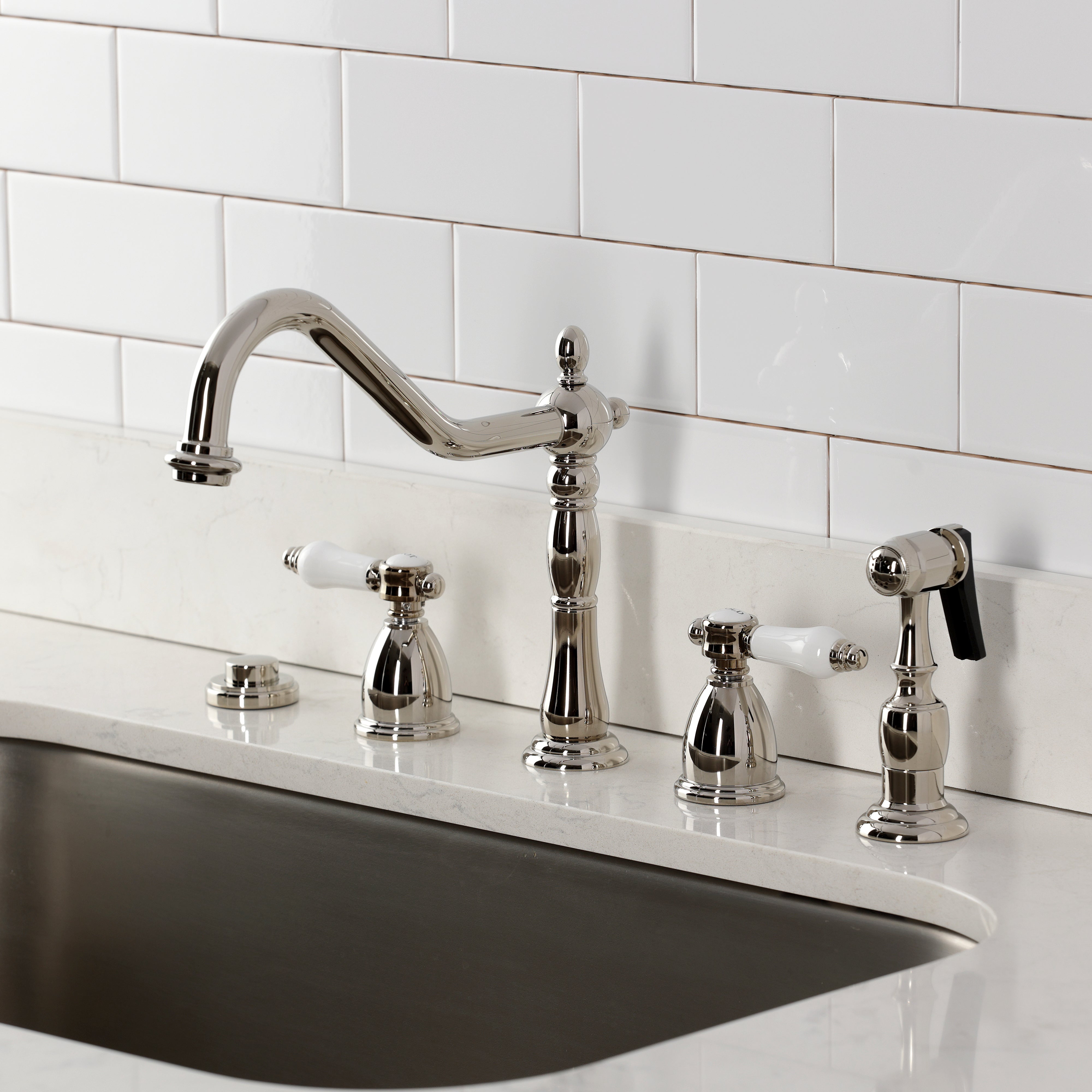 Kingston Brass KB1793BPLBS Bel-Air Double-Handle Widespread Kitchen Faucet with Brass Sprayer, Antique Brass