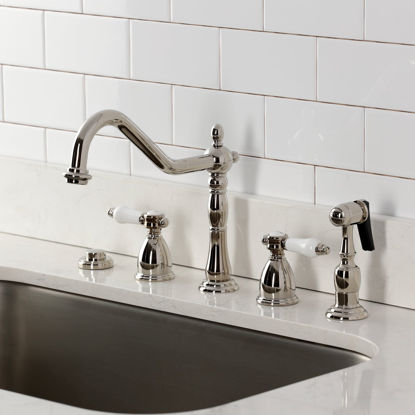 Kingston Brass KB1793BPLBS Bel-Air Double-Handle Widespread Kitchen Faucet with Brass Sprayer, Antique Brass