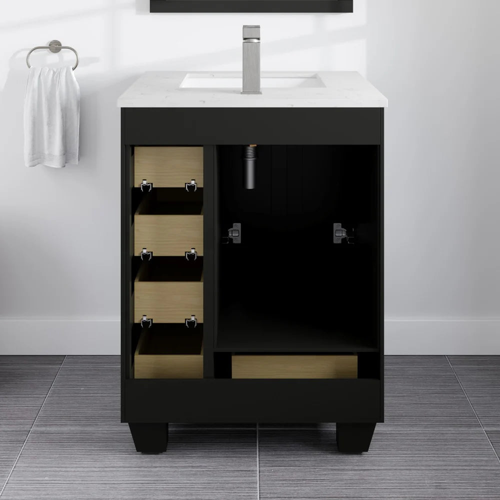 Reverse view of Eviva Acclaim single sink 24" vanity in Espresso showing open back for easy plumbing access