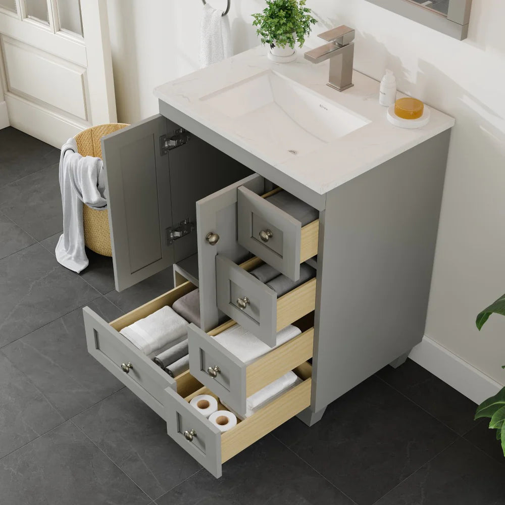 Image of Eviva Acclaim single sink bathroom vanity in gray showing storage capacity