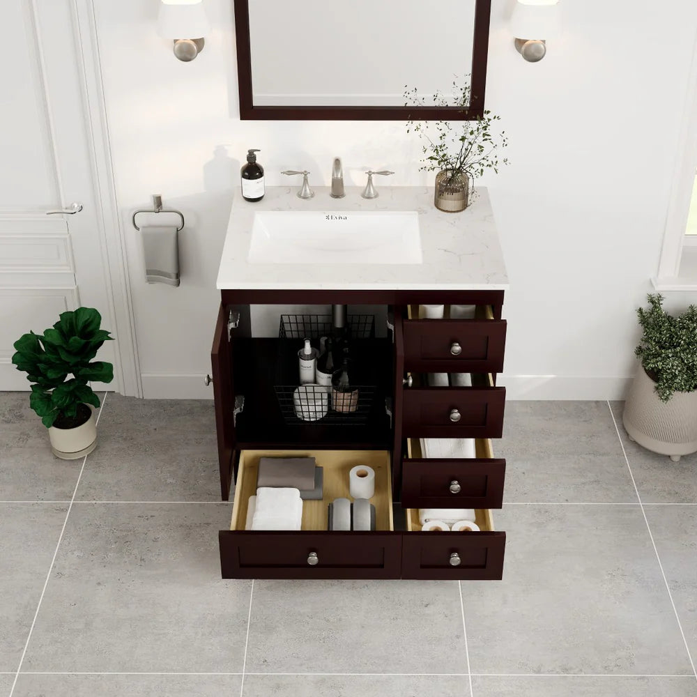 Front view of Eviva Acclaim 30" single sink bathroom vanity in Teak with Carrara Quartz top showing  storage capacity