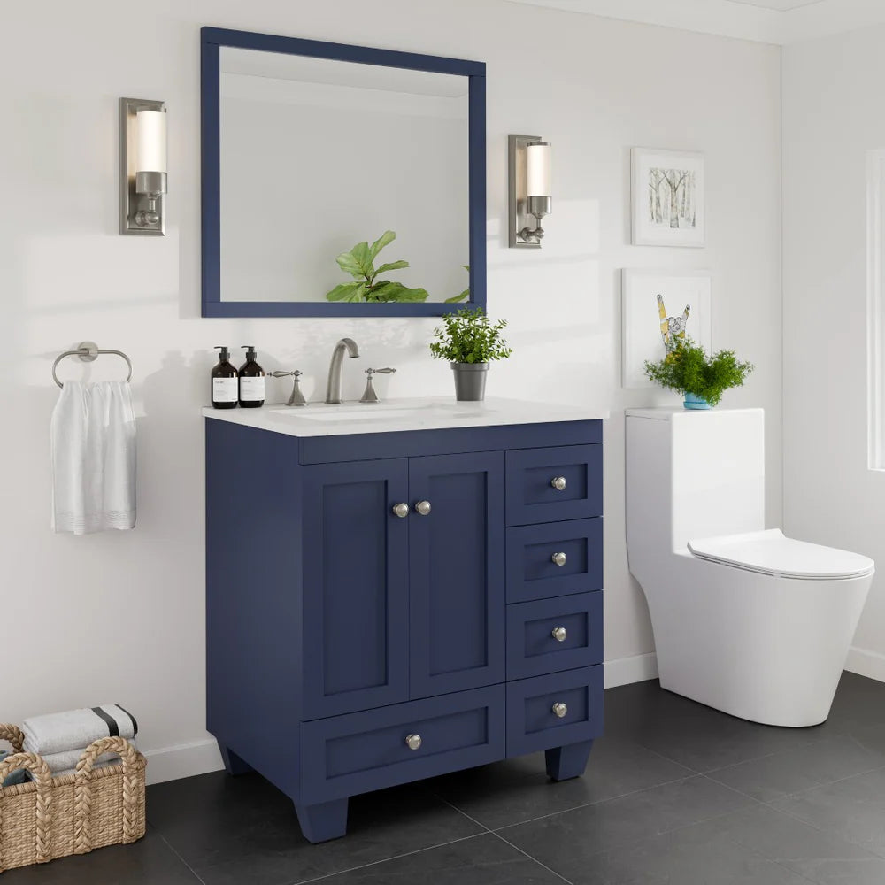 Lifestyle image of a blue Eviva Acclaim single sink bathroom vanity with Carrara Quartz top in a bathroom setting