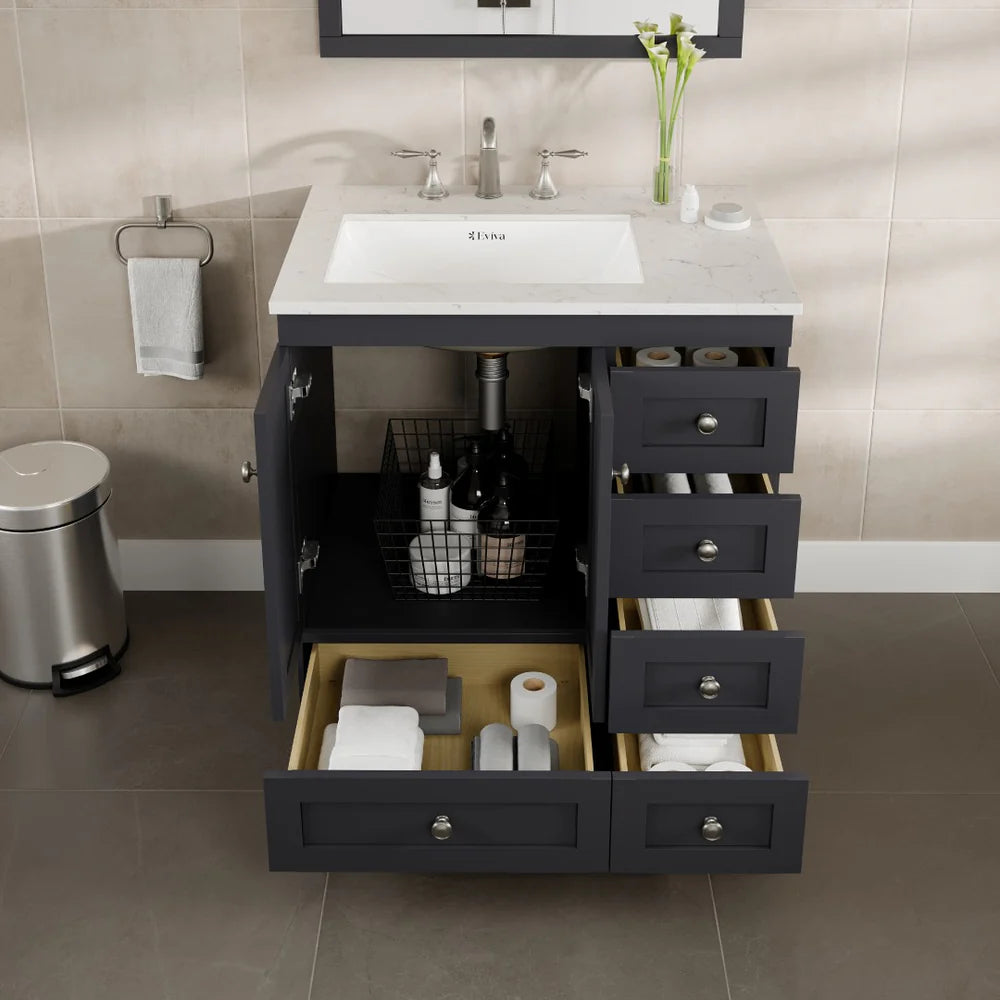 Front view of Eviva Acclaim 30" single sink bathroom vanity in dark gray with Carrara Quartz top showing  storage capacity