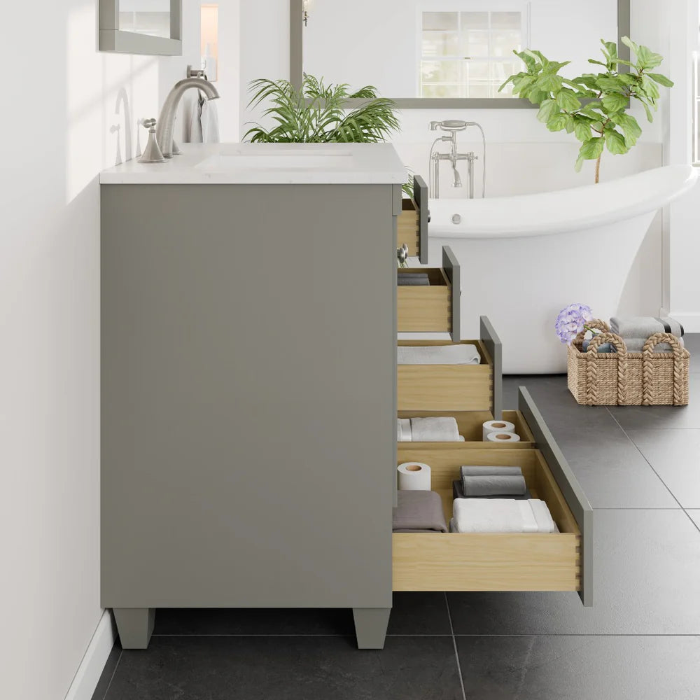 Side view of 30" Eviva Acclaim single sink vanity in gray showing drawers