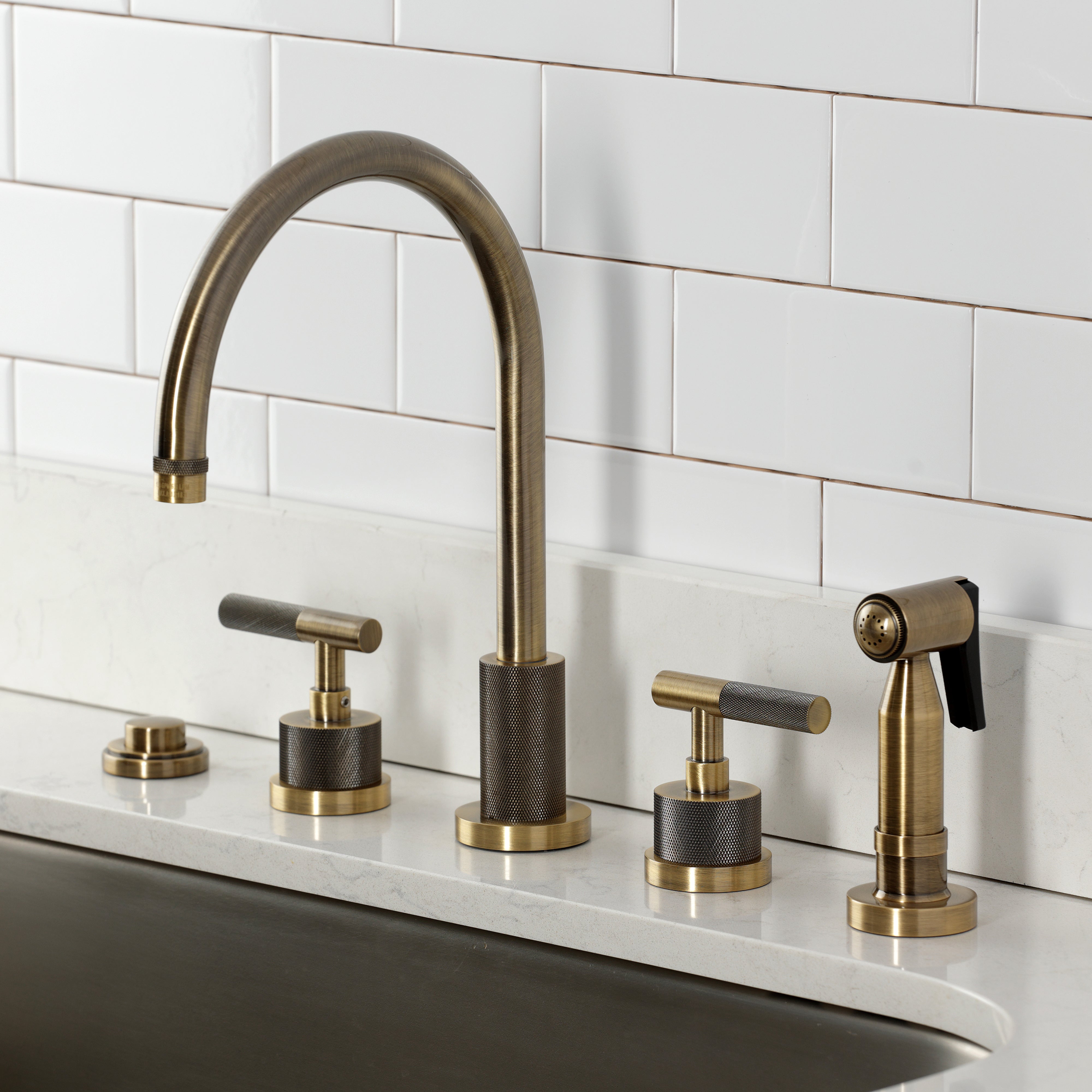 Kingston Brass KS8723KNLBS Convergent Double-Handle Widespread Kitchen Faucet with Knurled Handle and Brass Sprayer, Antique Brass