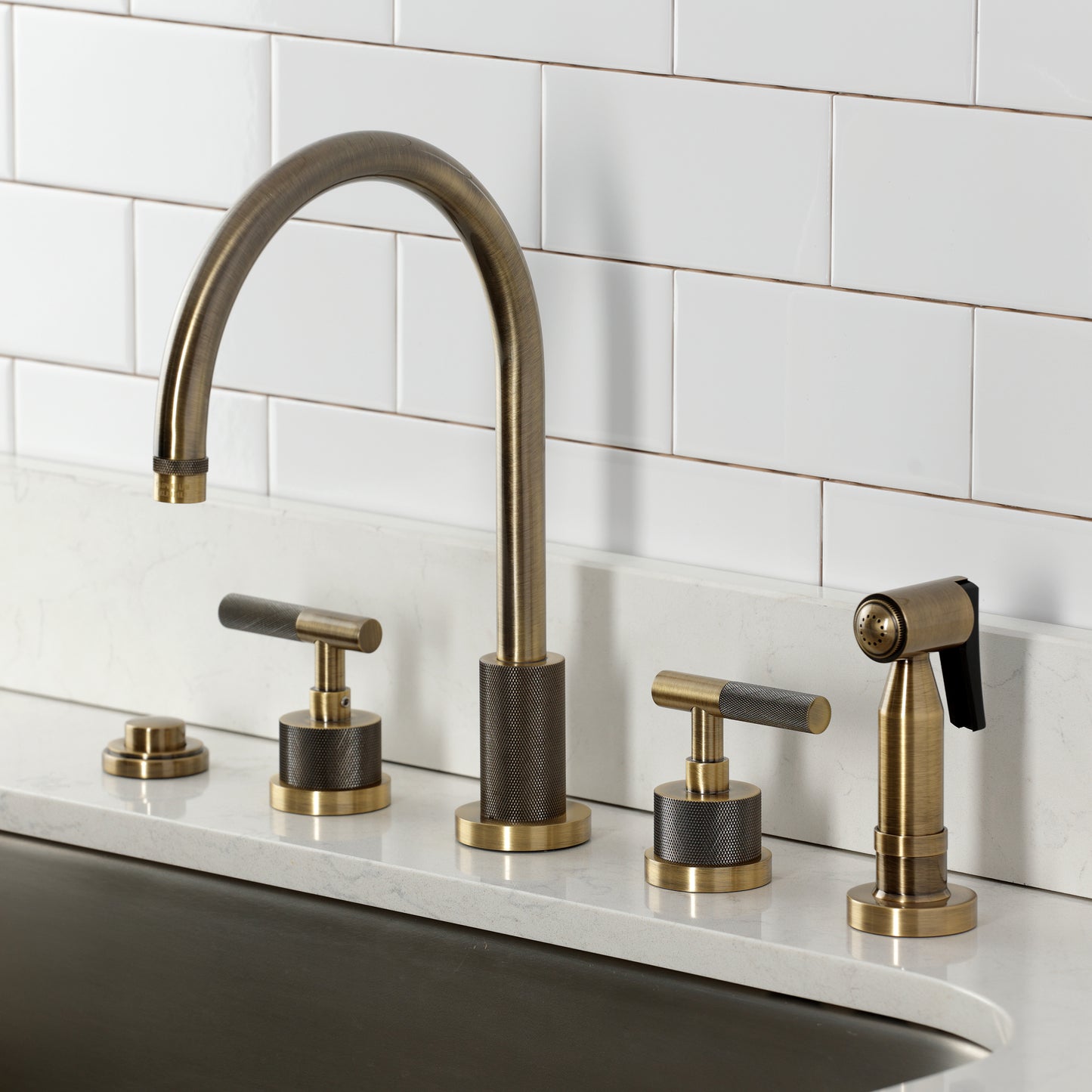 Kingston Brass KS8723KNLBS Convergent Double-Handle Widespread Kitchen Faucet with Knurled Handle and Brass Sprayer, Antique Brass