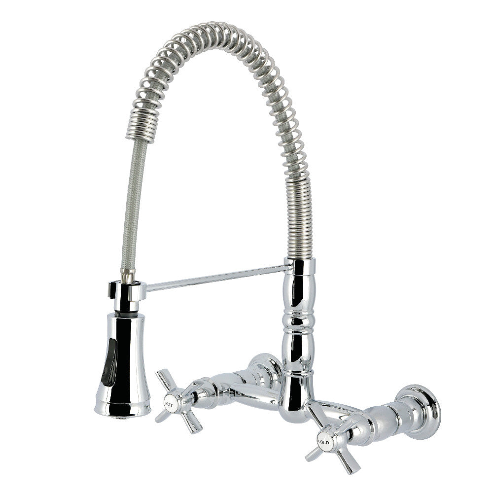 Kingston Brass GS1243ZX Millennium Double-Handle Wall-Mount Pre-Rinse Bridge Kitchen Faucet, Antique Brass with polished chrome finish.