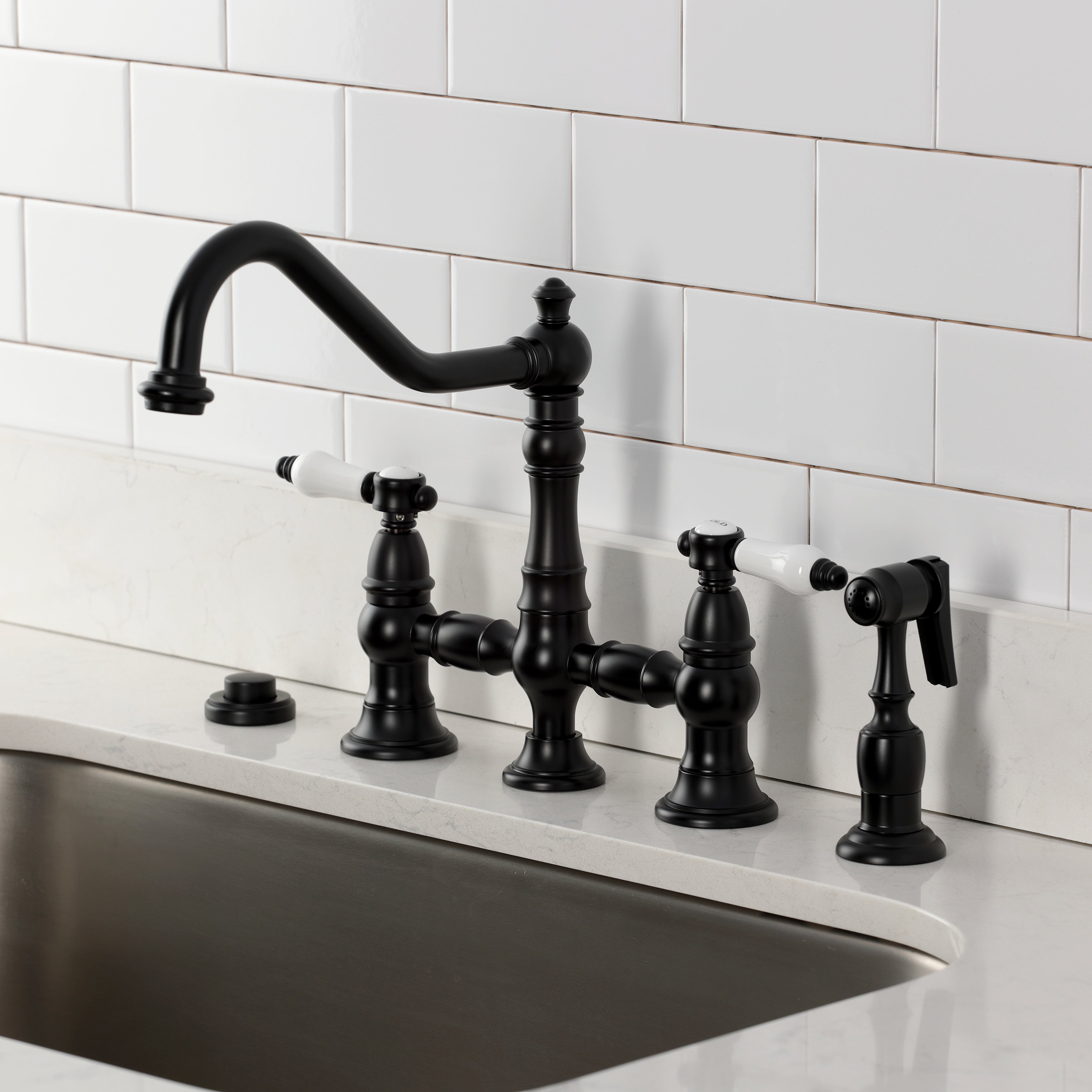 Kingston KS3277BPLBS Bel-Air Bridge Kitchen Faucet with Brass Sprayer, Brushed Brass