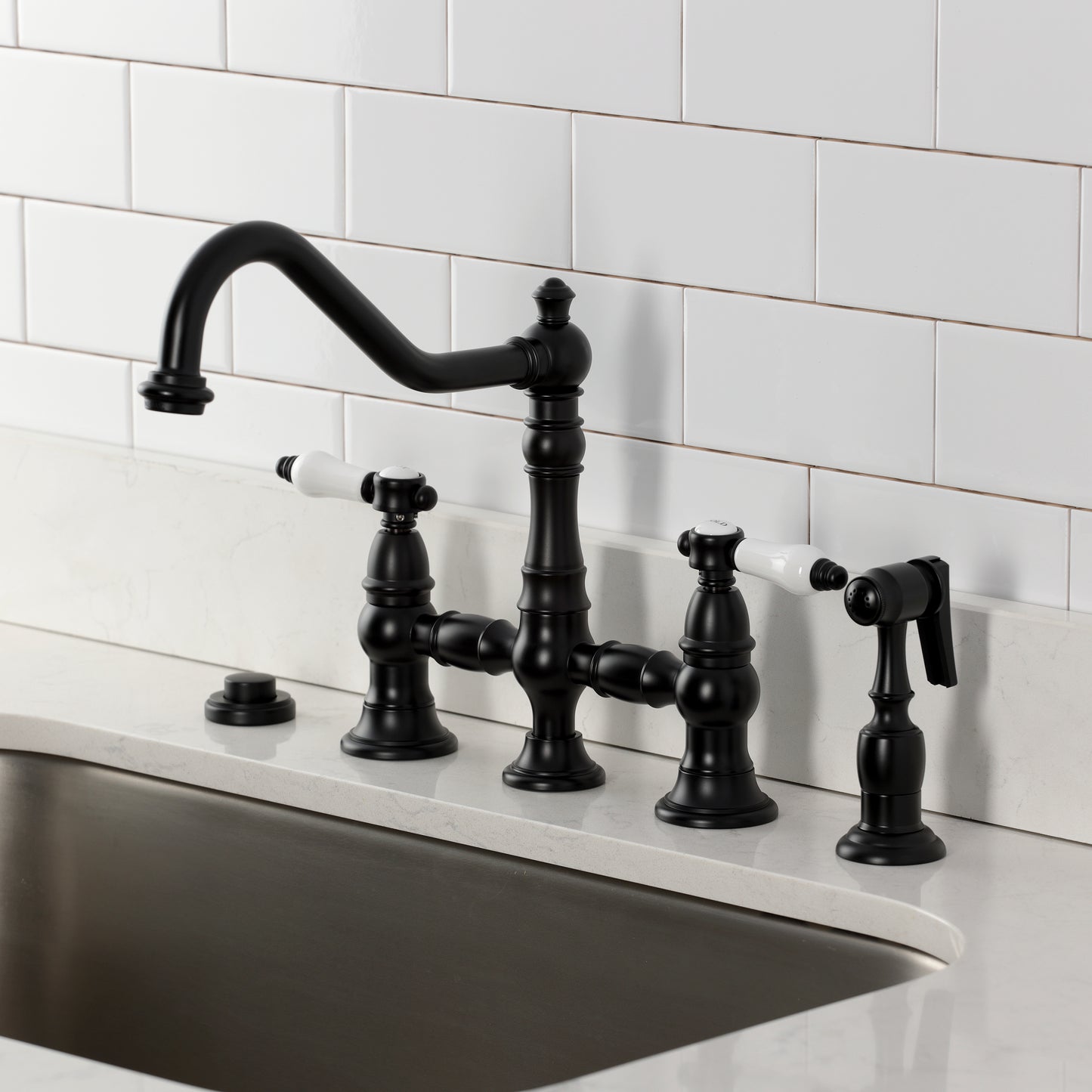 Kingston KS3277BPLBS Bel-Air Bridge Kitchen Faucet with Brass Sprayer, Brushed Brass