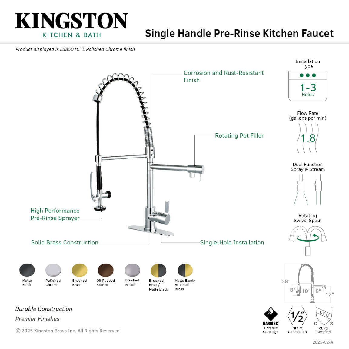Gourmetier LS8503CTL Continental Single-Handle Deck-Mount Pre-Rinse Kitchen Faucet with Pot Filler, Brushed Brass