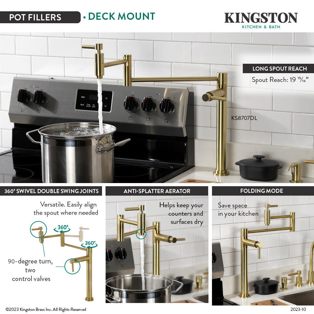 Kingston Brass KS870DLAC Concord Deck Mount Pot Filler Faucet, Antique Copper in kitchen with water pouring into pot