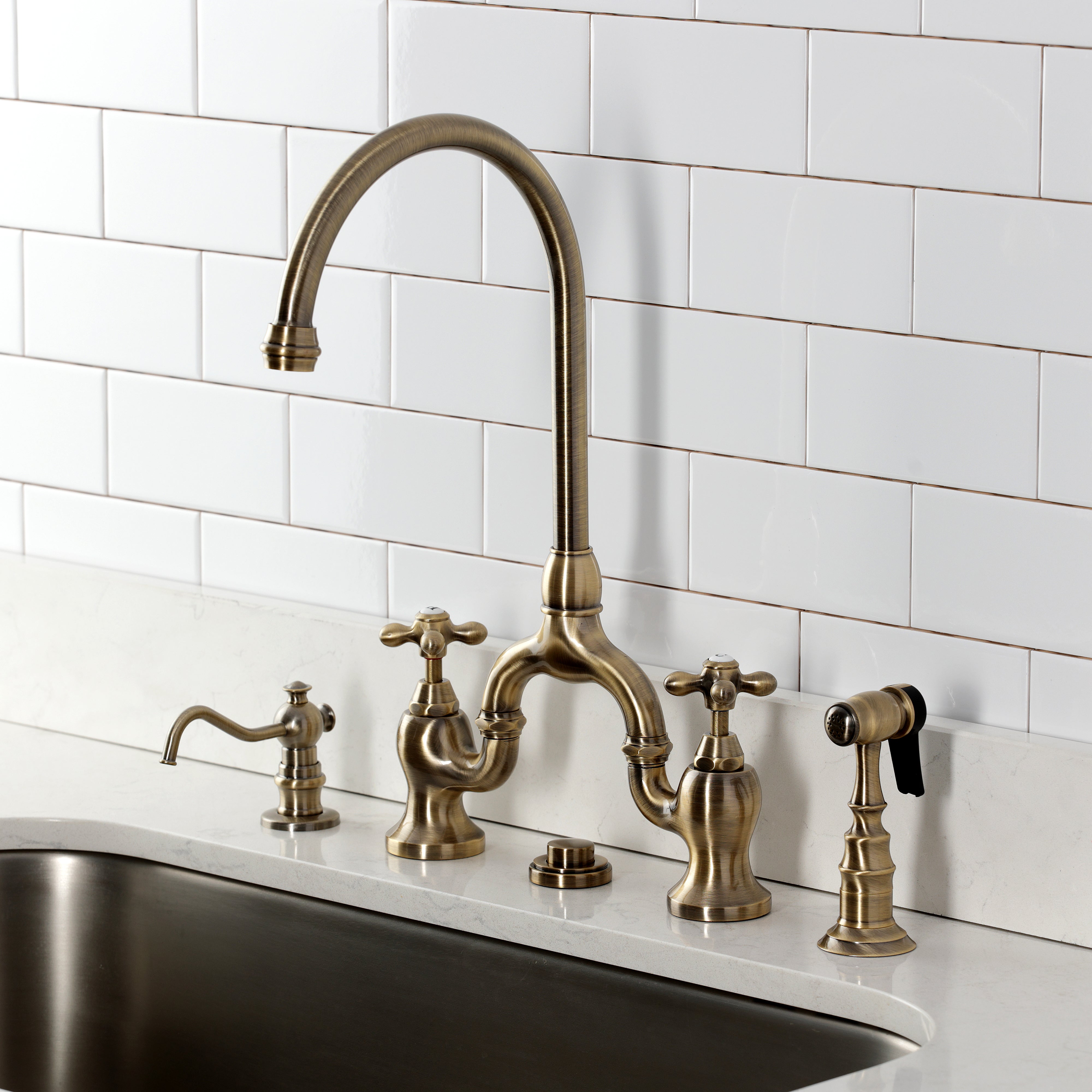 Kingston KS7793AXBS English Country Bridge Kitchen Faucet with Brass Sprayer, Antique Brass