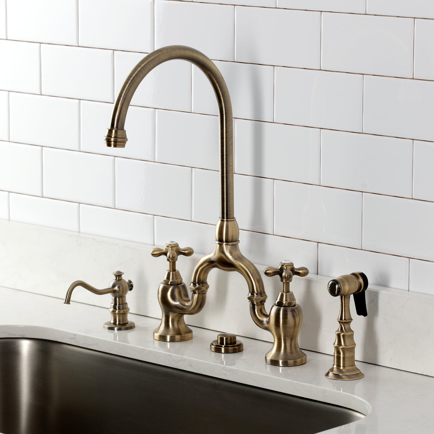 Kingston KS7793AXBS English Country Bridge Kitchen Faucet with Brass Sprayer, Antique Brass