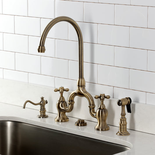 Kingston KS7793AXBS English Country Bridge Kitchen Faucet with Brass Sprayer, Antique Brass