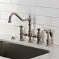 Kingston KS3277BPLBS Bel-Air Bridge Kitchen Faucet with Brass Sprayer, Brushed Brass installed in a sleek kitchen.